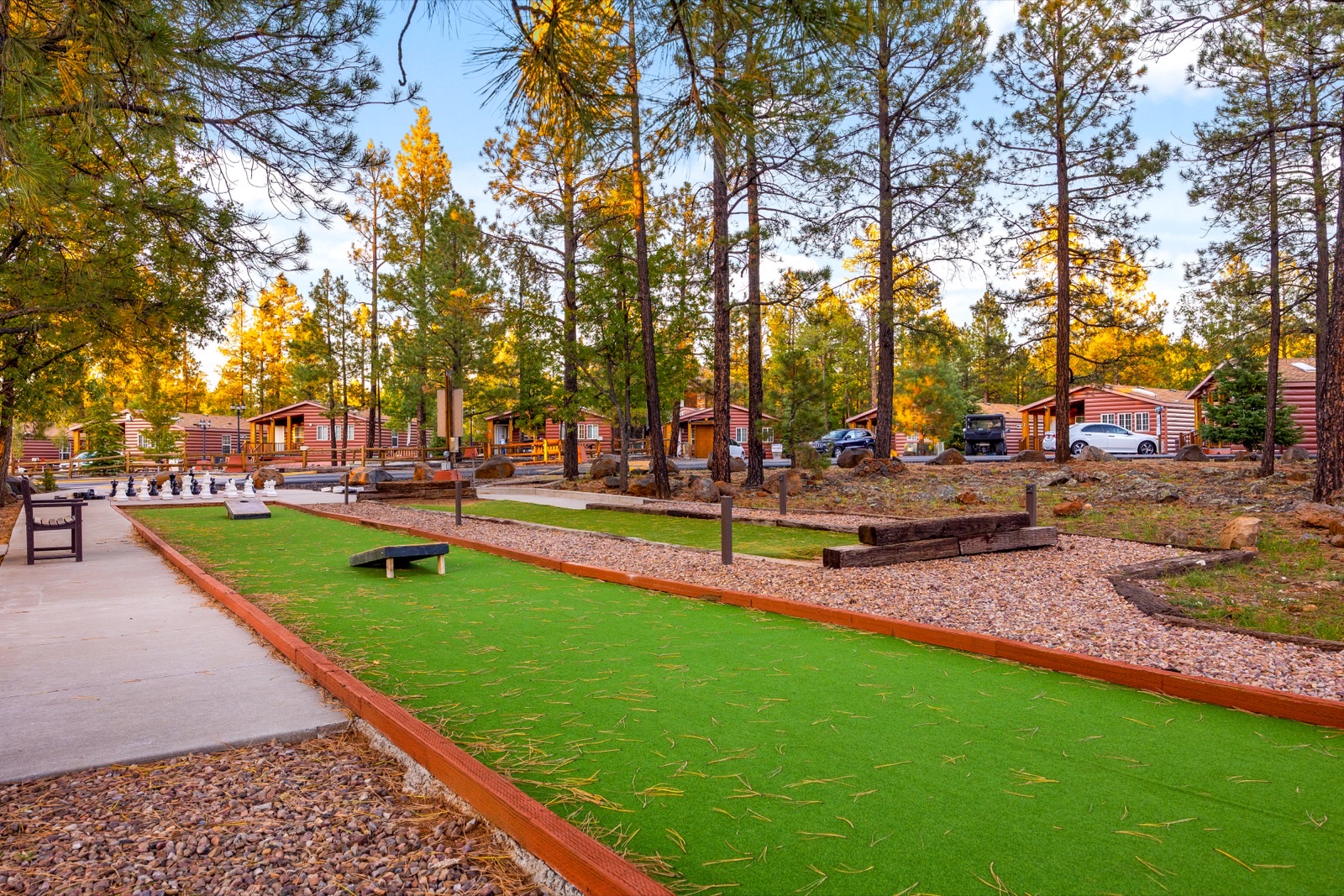 Cornhole boards and giant chess on the grounds